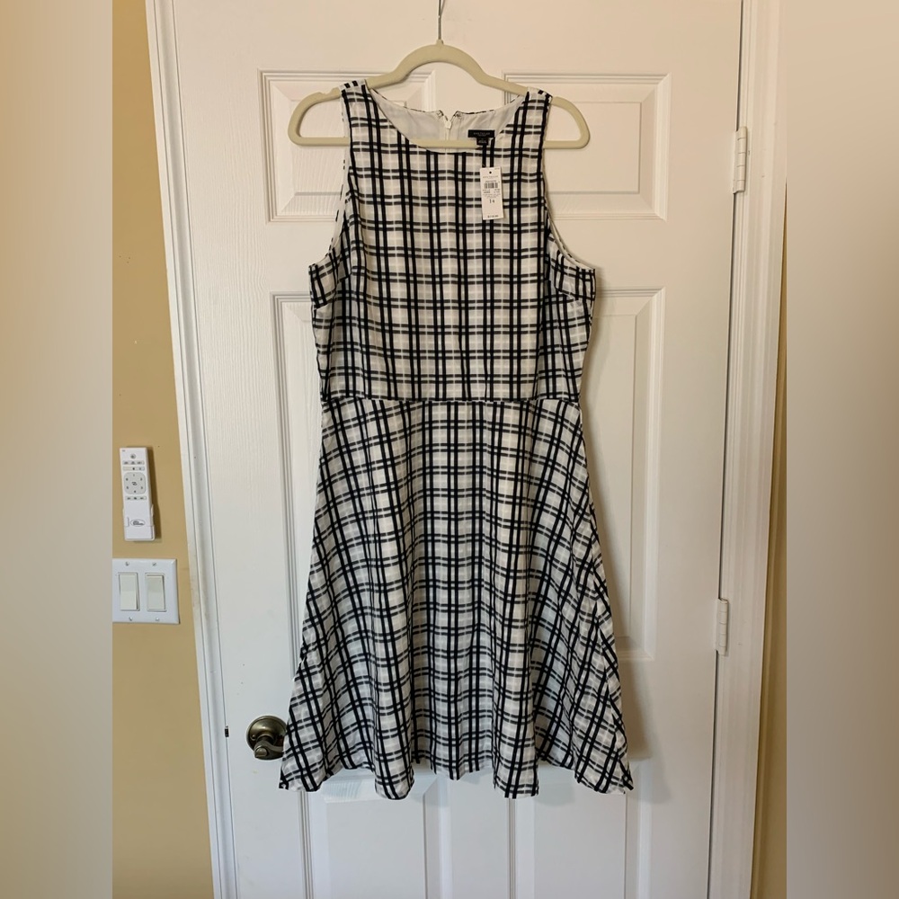 NWT Ann Taylor Factory Black & White Plaid A-Line Sleeveless Dress Size 14